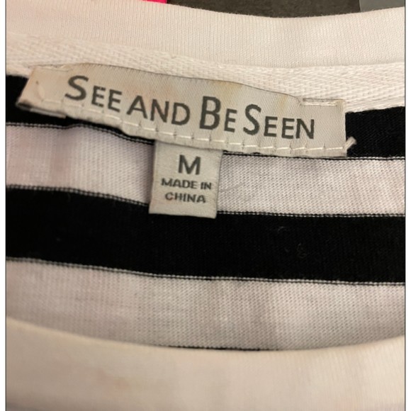 See and Be Seen Black and White Striped Fringe Top -Sz M - Picture 8 of 11